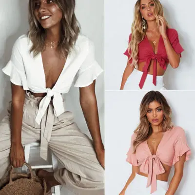 Летние пикантные топы Женская хлопковая рубашка футболка с глубоким V-образным