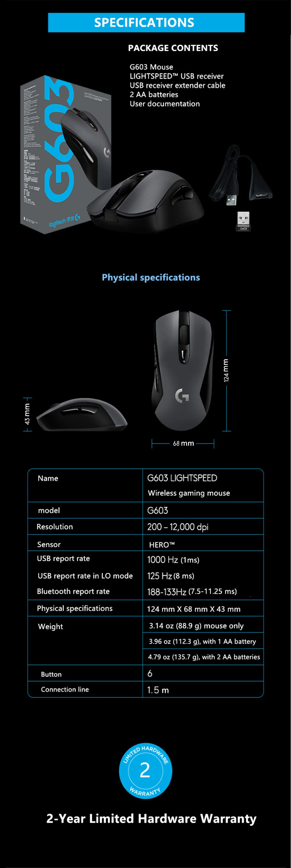 Оригинальная Беспроводная игровая мышь Logitich G603 LIGHTSPEED 12000 dpi, оптическая Bluetooth мышь для ПК, ноутбука, эргономичная официальная мышь