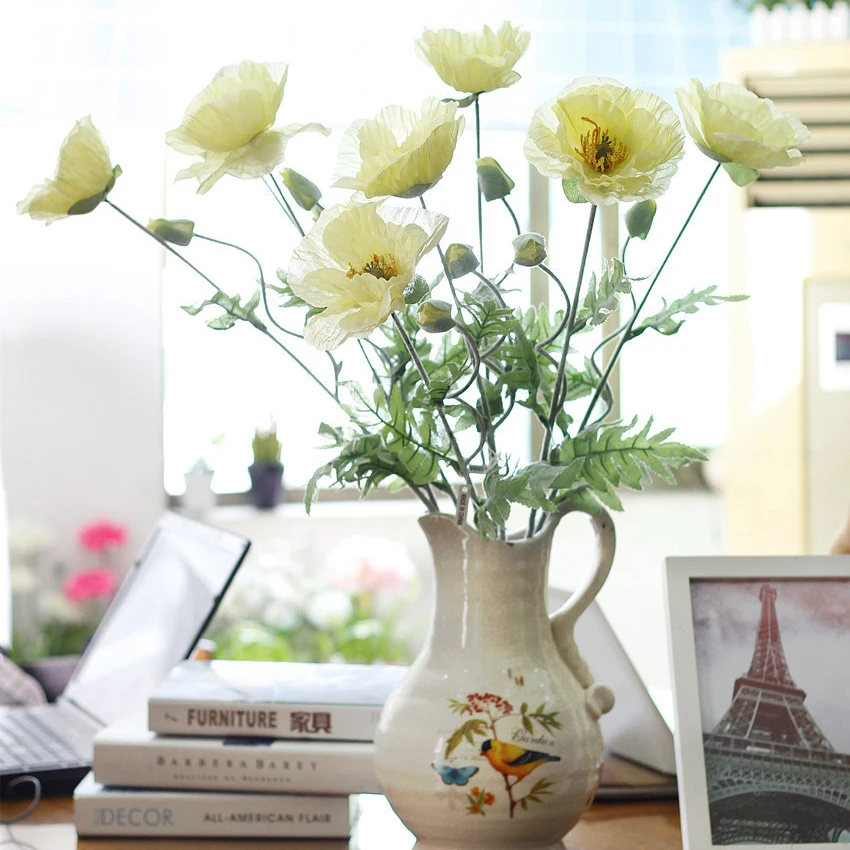 5 шт. искусственный большой цветок мака с листьями Fleurs Artificielles для осени, вечерние украшения для дома, венок, искусственные цветы из шелка