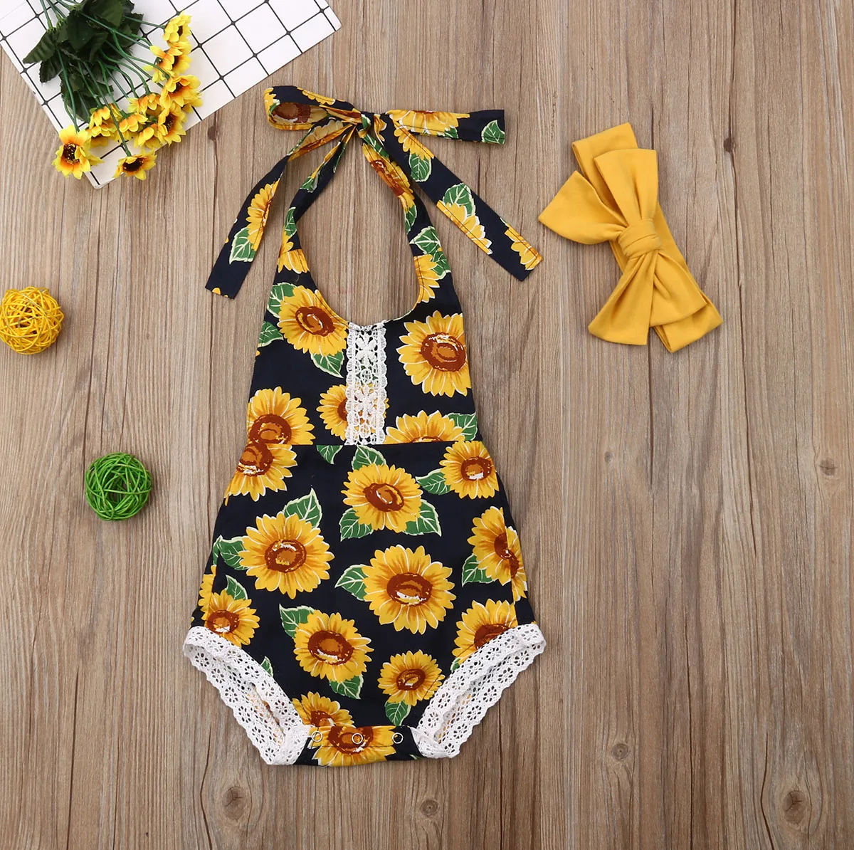 Детский хлопковый комбинезон без рукавов с принтом подсолнухов|Боди для малышек|