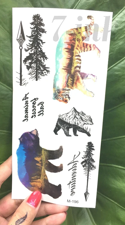 Водостойкая Временная тату наклейка лесной медведь тигр стрела дерево горячая