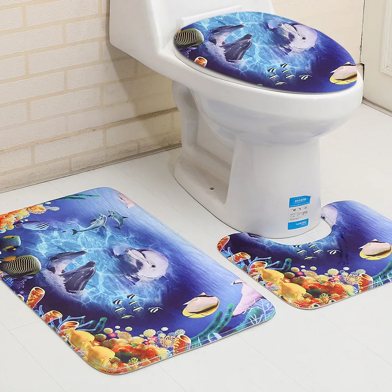 

Zeegle Sea World Printed 3pcs Bath Mats Set Absorbent Toilet Rugs Lid Cover Bathroom Carpets Anti-slip Floor Carpets Shower Mats
