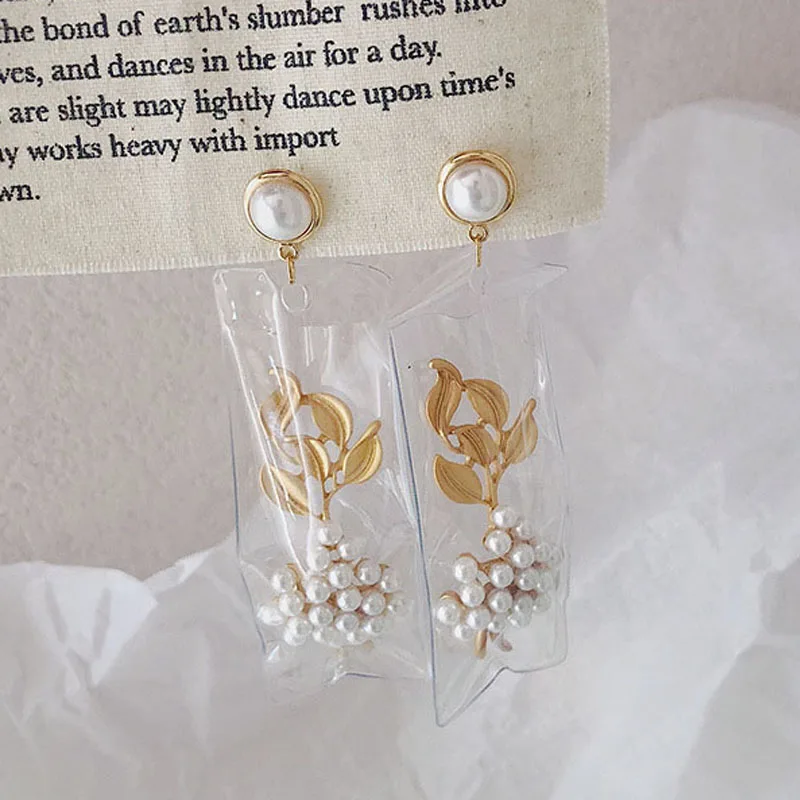 S925 Silver Vintage Transparent Gold Color Simulated Pearl Leaf Walking Show Drop Earrings for Women Party Jewelry Pendientes | Украшения и