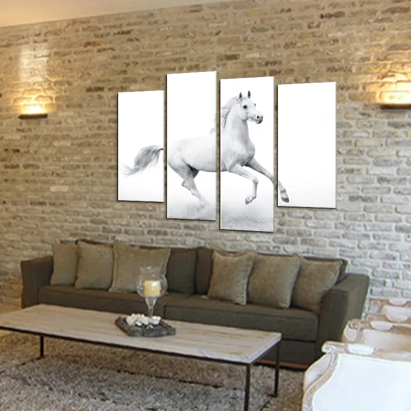 2017 4Pcs Animal Painting Strong White Horse Art HD Picture Modern Home Living Room Wall Decor Canvas Print Unframed | Дом и сад