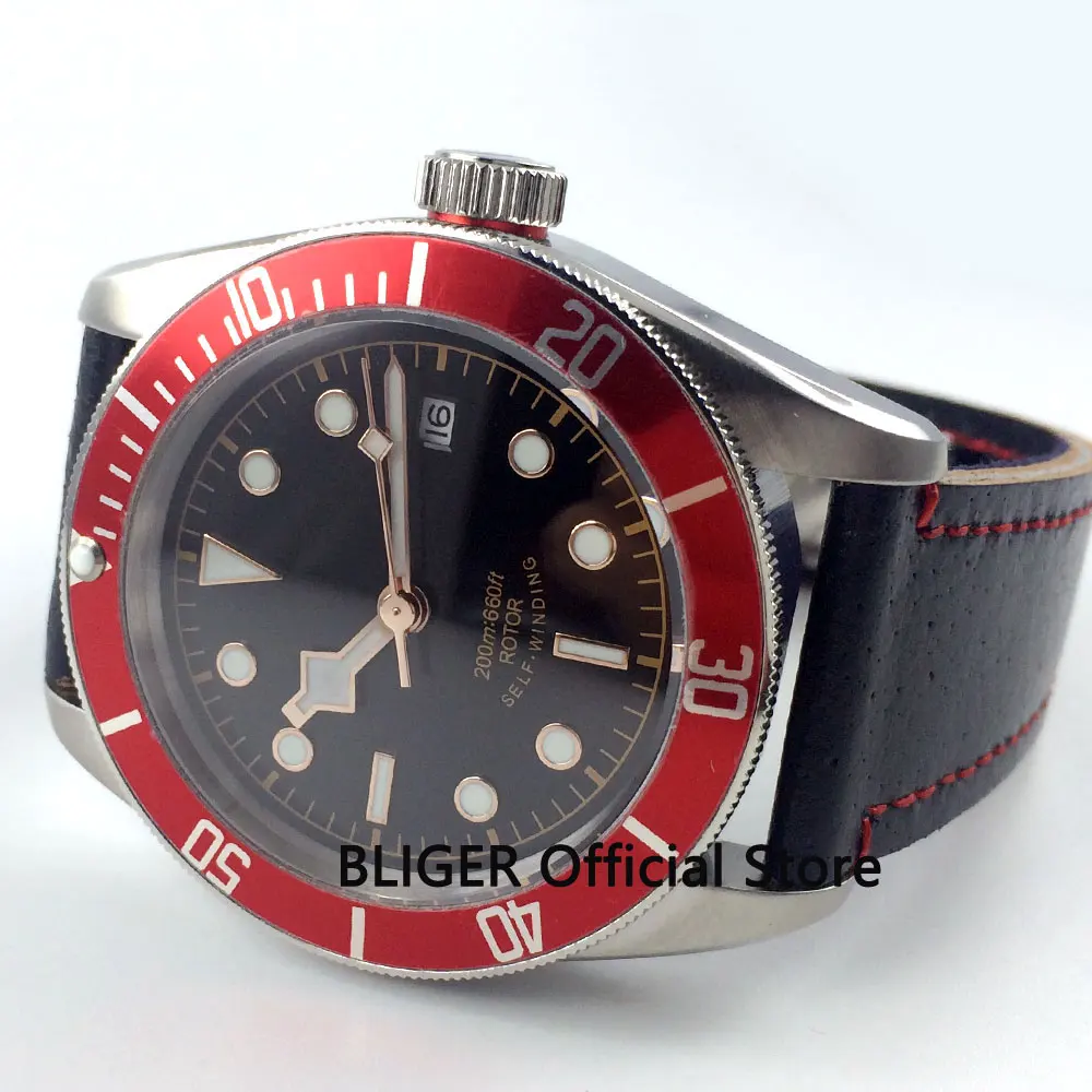 41mm BLIGER Automatic men's watch black sterile dial sapphire glass red bezel 20ATM 21 jewels MIYOTA movement BC16 | Наручные часы