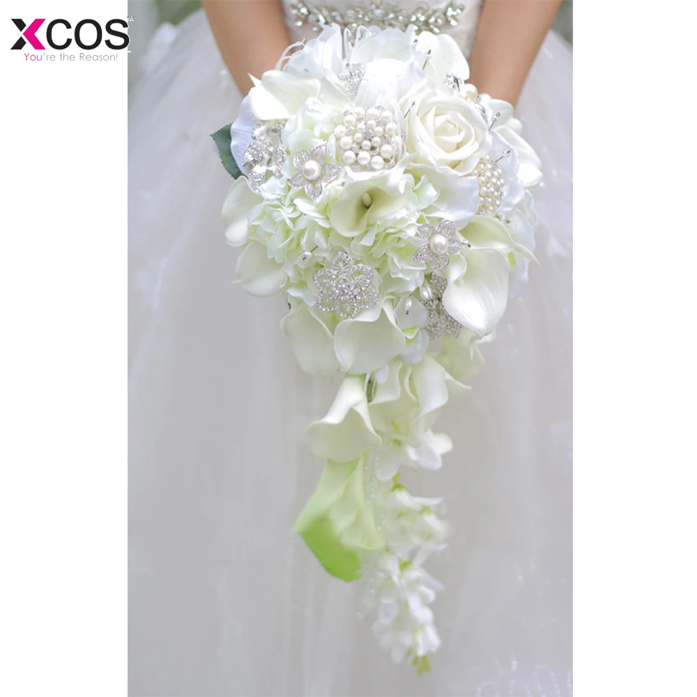 Artificial Flowers Waterfall Wedding Bouquets With Crystal Bridal Brooch Vintage White Brides Bouquet De Mariage | Свадьбы и