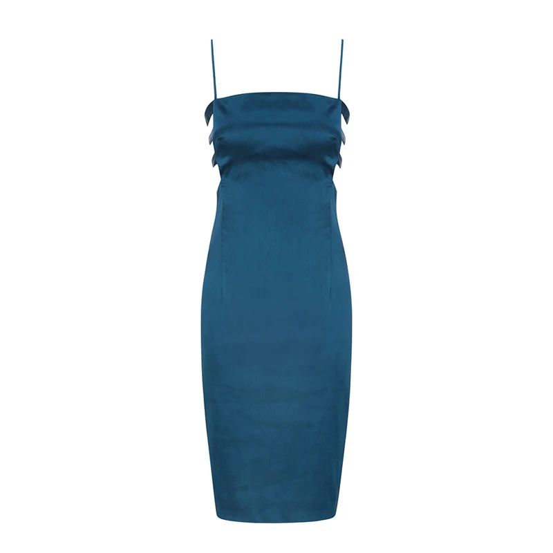 2019 новые модные синие женское платье Лето Спагетти ремень Bodycon Midi выдалбливают