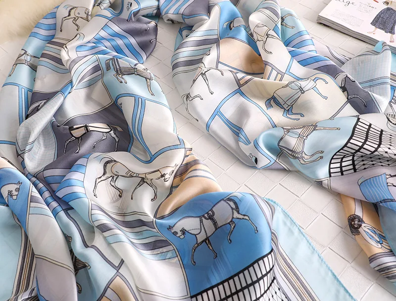 New European fashion retro versatile beach towel female silk office shawl Horse print printing sunscreen silk scarf hot sale
