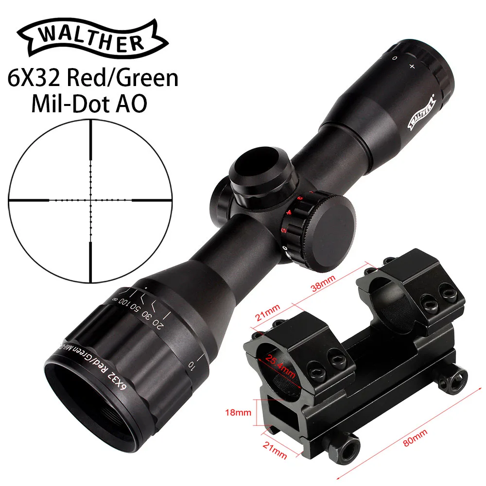 with picatinny rings WALTHER 6x32 AO Mini Mil-Dot двухцветная светящаяся сетка тактический прицел для винтовки для охоты оптический прицел - Цвет: with picatinny rings