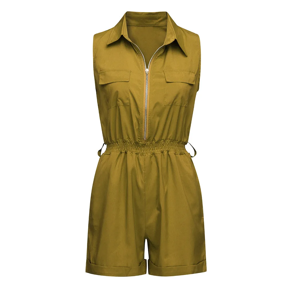 Women Summer Elegant With Elastic Waist Playsuit Casual Sleeveless Zippered Shorts Overall Jumpsuit Playsuit#19628 - Color: Yellow