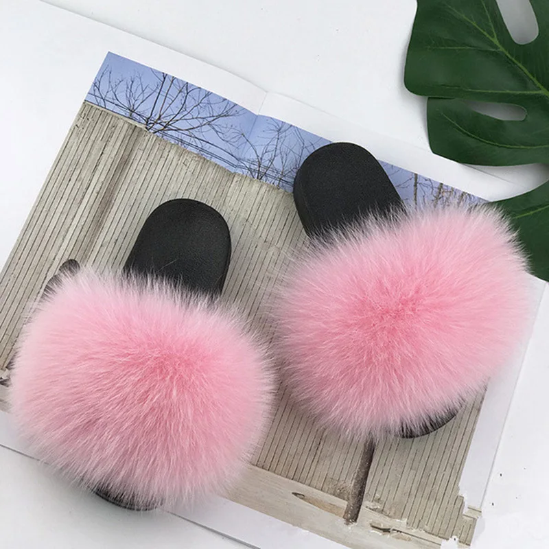 

Real Fox Hair Slippers Kids Fur Home Fluffy Sliders Winter Plush Furry Summer Flats Sweet Baby Shoes Large Size 24-35