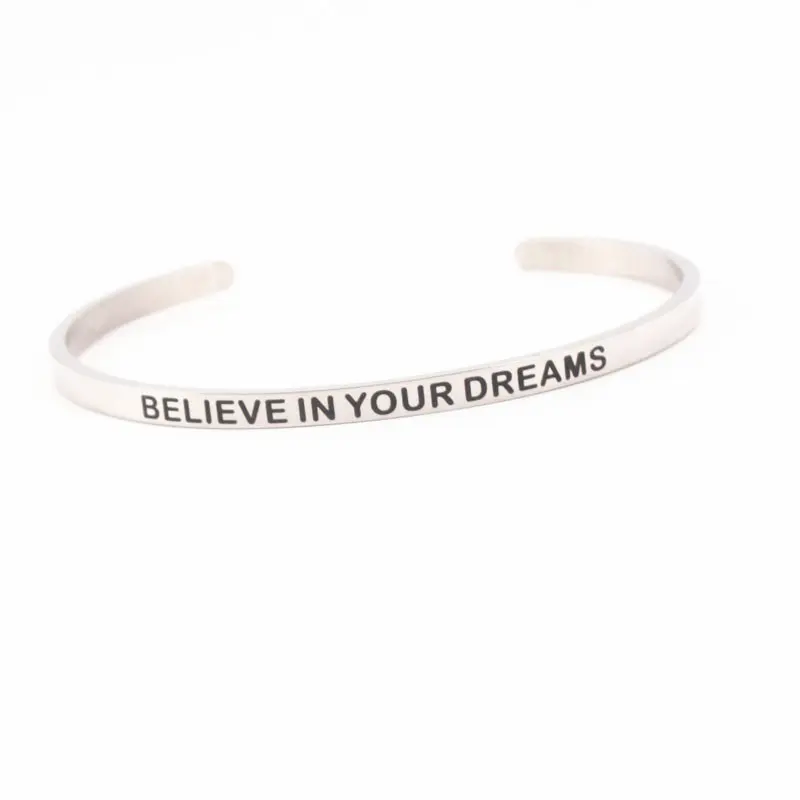 4mm 316L Stainless Steel BELIEVE IN YOUR DREAMS Positive Inspirational Quote Open Cuff Mantra Bracelet Bangle For Women Men | Украшения и
