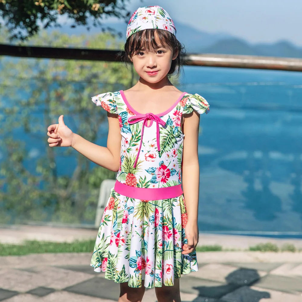 Swimsuit Baby Girls Swimwear Children Bathing Suit Kids Swim Dress One Piece Suits With Caps Beachwear May Bathers Summer Pool | Спорт и