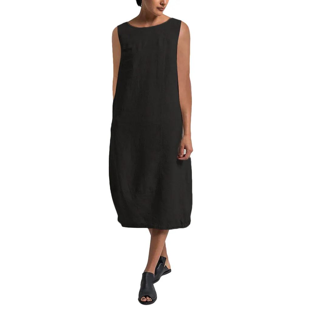 Платье женское летнее длинное из хлопка и льна свободное однотонное|Женские