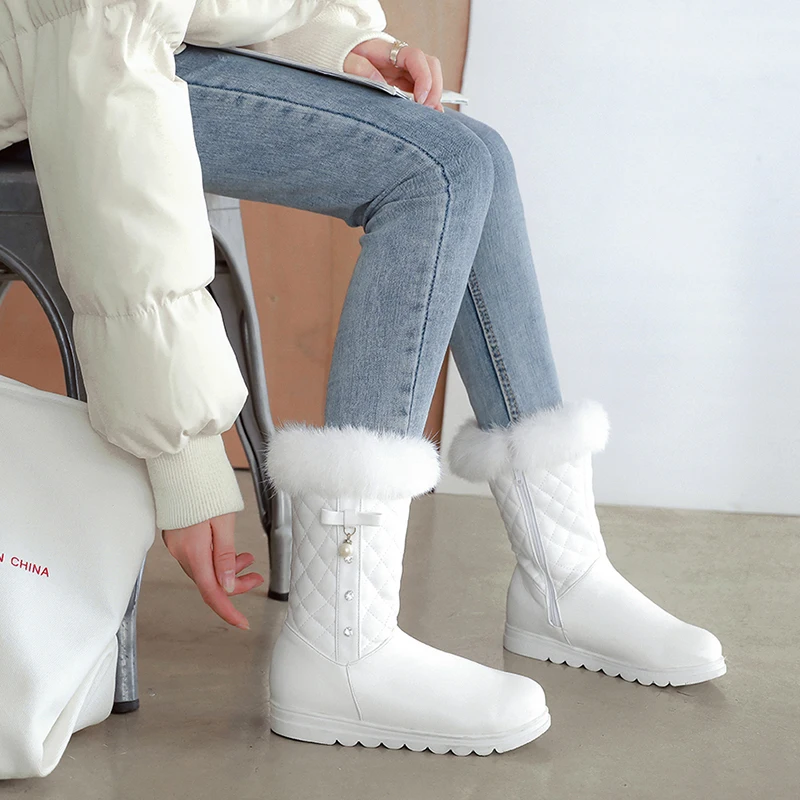 NEW fashion warm Mid-Calf snow boots women round toe soft leather warm Rabbit Fur winter thick fur ladies winter shoes