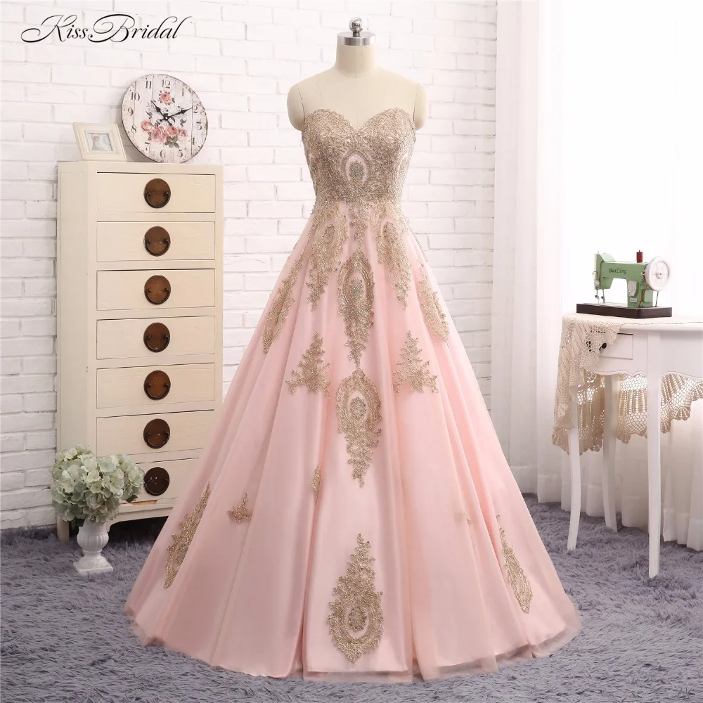 Женское вечернее платье трапеция розовое и золотистое с вырезом сердечком