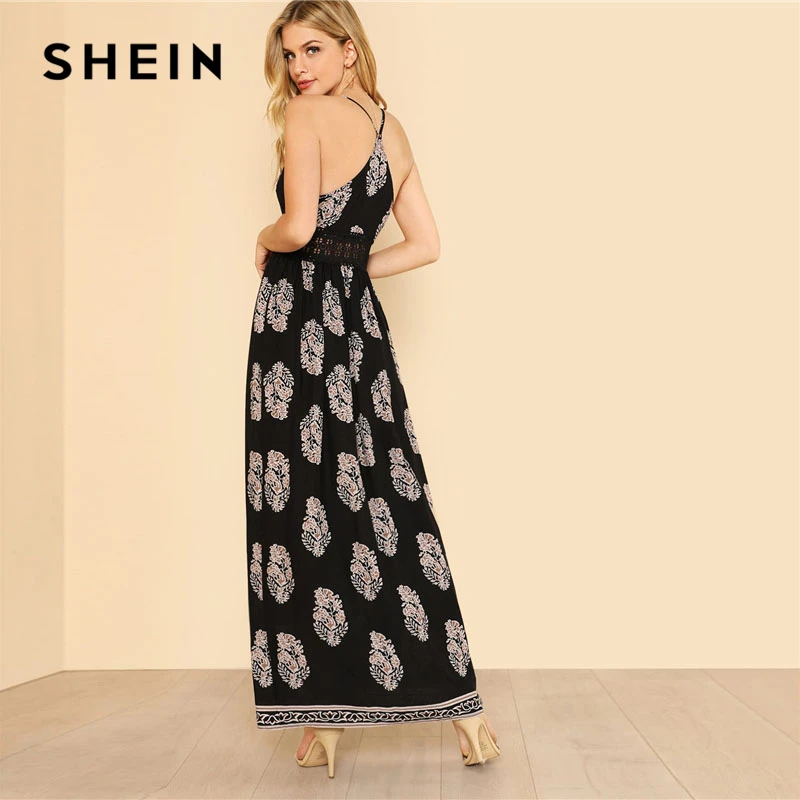 SHEIN Модное Платье На Бретельках С Принтом И Вырезом Женские Кружевные Платья С V-образным Вырезом Без Рукавов С Высокой Талией