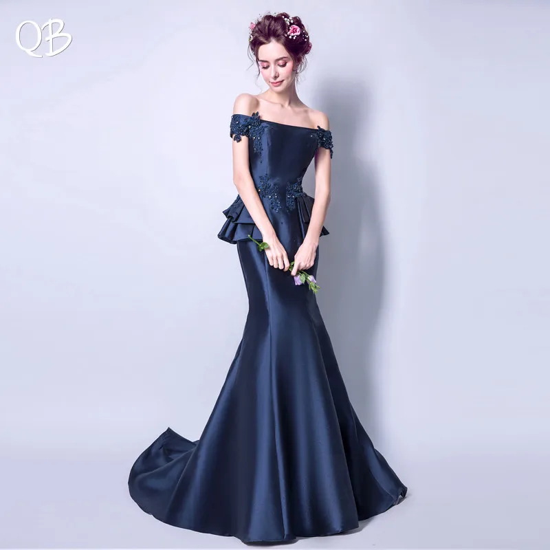 

Dark Blue Mermaid Cap Sleeve Satin Beading Diamond Elegant Formal Sexy Evening Dresses Bride Banquet Party Prom Dress XK99
