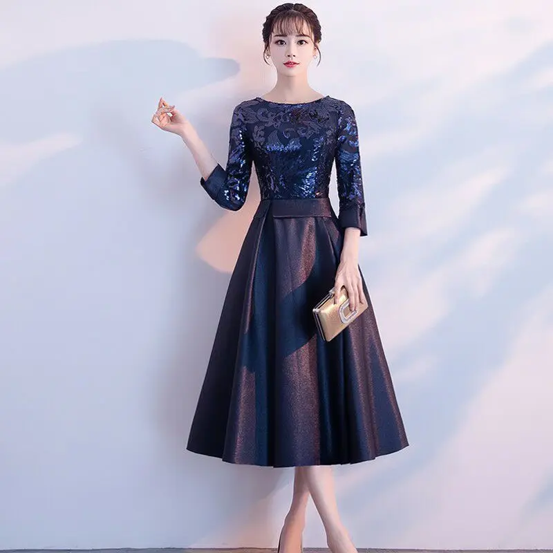 navy evening dress С О-образным вырезом платья, женские платья вечернее платье гипюровое приталенное вечерняя одежда в Корейском стиле с достоинством и элегантные женские летние платья - Цвет: navy evening dress