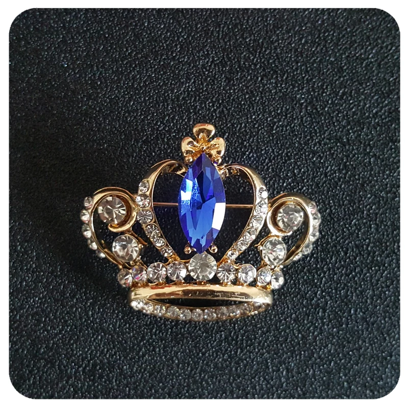 Великолепная брошь в виде короны с королевским синим кристаллом|crown brooch|gold tone