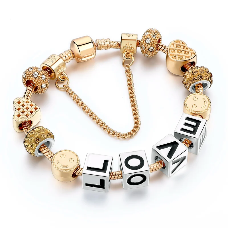 

LOVE Letters Beads Bracelets & Bangles Gold Crystal Heart Charm Bracelets For Women Pulseria DIY Jewelry SBR170010