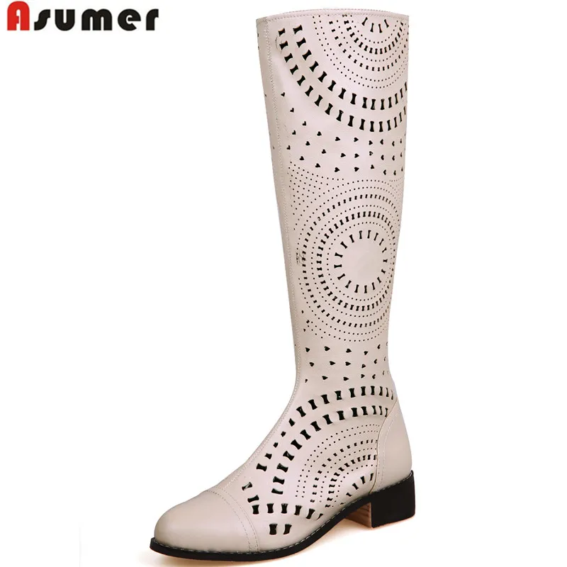 

Asumer 2021 Handsome Cut out Knee High Boots High Quality Sexy Round Toe Platform Summer Shoes Square Heels Zipper Summer Boots