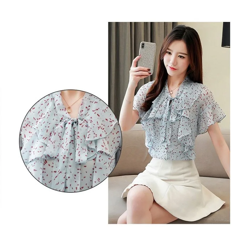 Женская шифоновая блузка с большим бантом Повседневная Блузка коротким рукавом