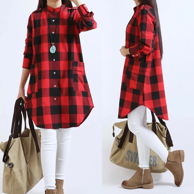 2016 популярные весенние женские повседневные блузки клетчатая Хлопковая женская