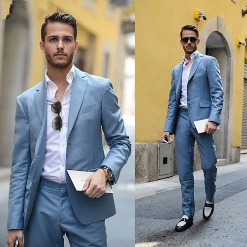 2019 Light Blue Men's Latest Skinny Formal Suits Men Business Casual Prom Suits Male Street Fashion Costume Suits Jacket Pants