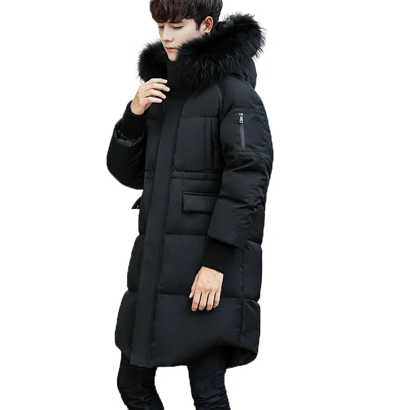 Новинка 2017 года Длинная зимняя куртка на белом утином пуху с меховым капюшоном