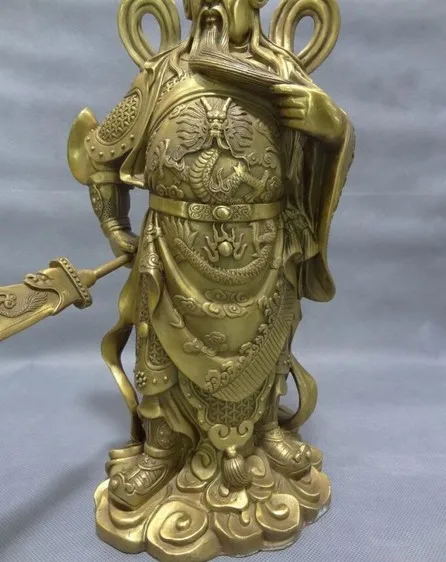 YM 321 14 &quotКитайский чистый латунный воин Летающий Меч дракона GuanGong Guan Yu статуя