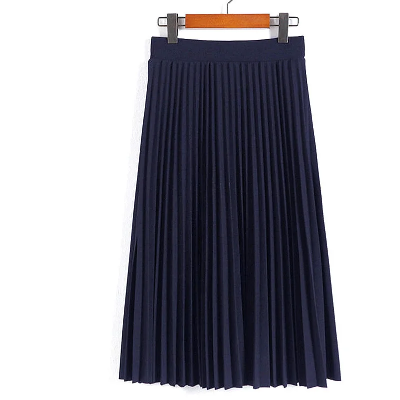 NavyBlue Женская модная плиссированная Однотонная юбка до середины икры с высокой талией, универсальная шифоновая одежда, Женские повседневные эластичные плотные юбки - Цвет: NavyBlue