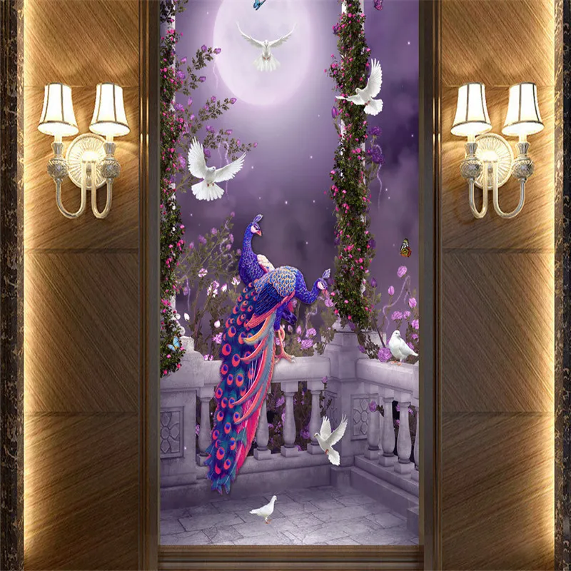 

Фотообои на заказ, 3D тисненые настенные фрески с павлином, для входной двери, для отеля, для коридора, обои для домашнего декора, цветы, птичк...
