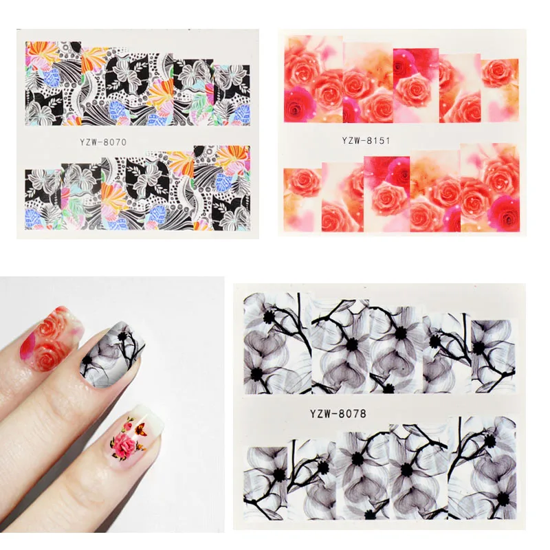 

54 pcs/set Mixed Colorful Nail Sticker Fashion Flower Water Transfer Wraps Tips Nail Decor Manicure Tool