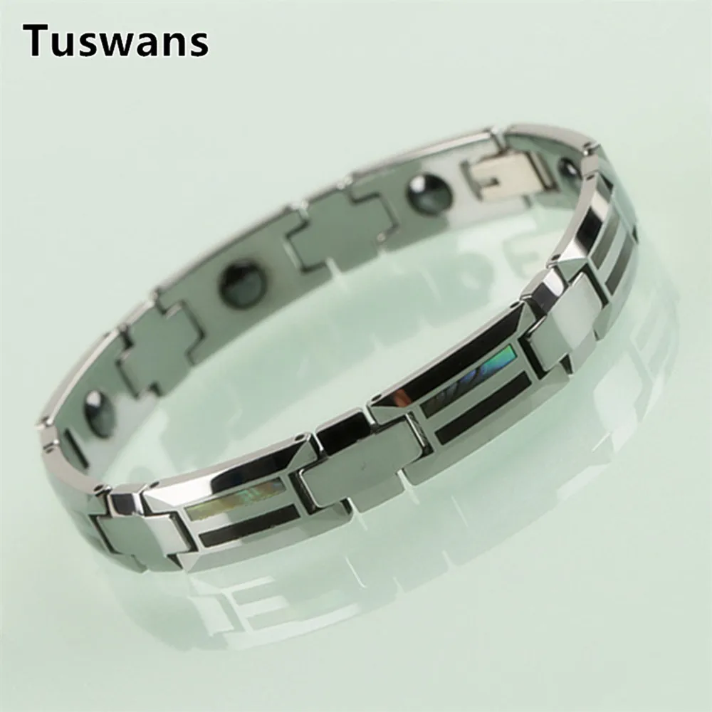 

Gentility Rectangle Inlaid Shell & Acacia Wooden Mens Tungsten Bracelets Bangles with Magnetic Therapy Magnet(TSWB11)