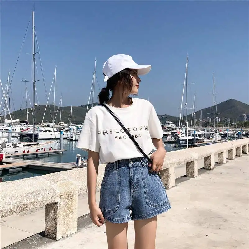 Новинка лета 2019 Свободные корейские шорты с высокой талией модные джинсы