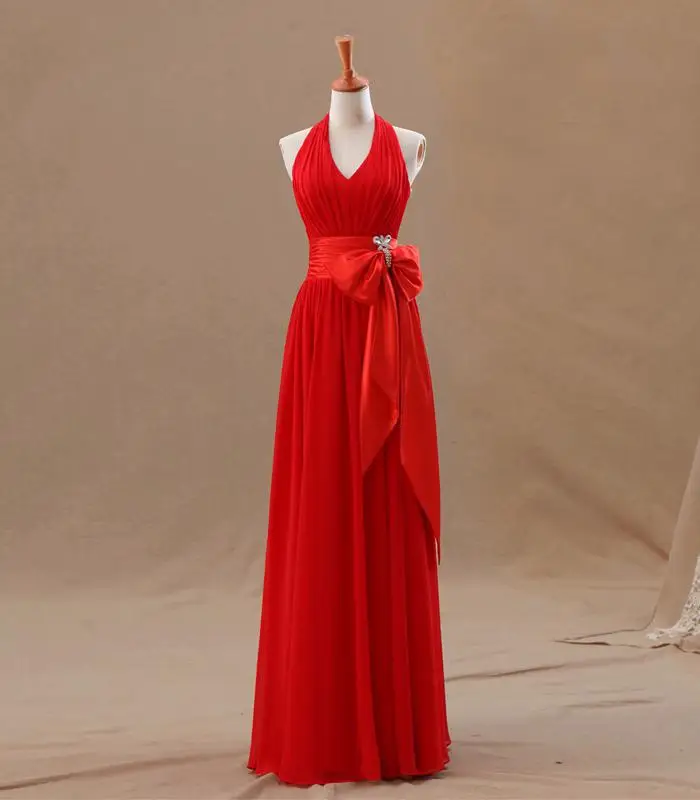 Женское шифоновое платье с бантом Красное Длинное Плиссированное Платье для