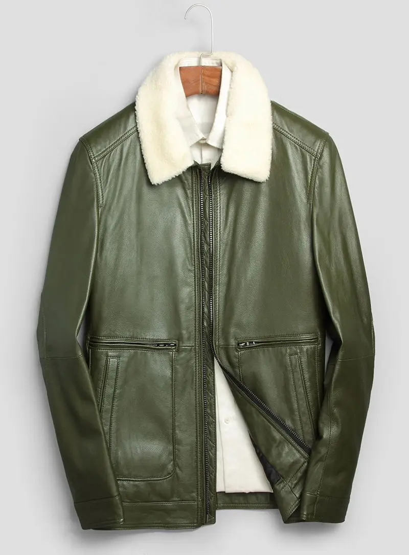 army green Новая модная куртка с меховым воротником, натуральная кожа, мужская куртка из овчины, зимняя куртка-бомбер, мужская куртка с отложным воротником на молнии - Цвет: army green