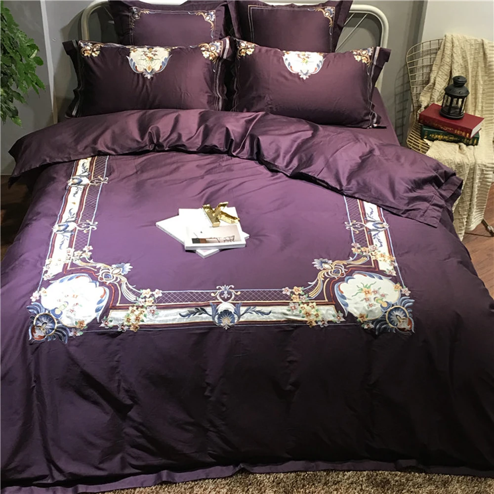 New purple Chinese Wedding Embroidery Luxury Egyptian Cotton Bedding set 4Pcs Queen King size Duvet cover Bed sheet Gifts | Дом и сад