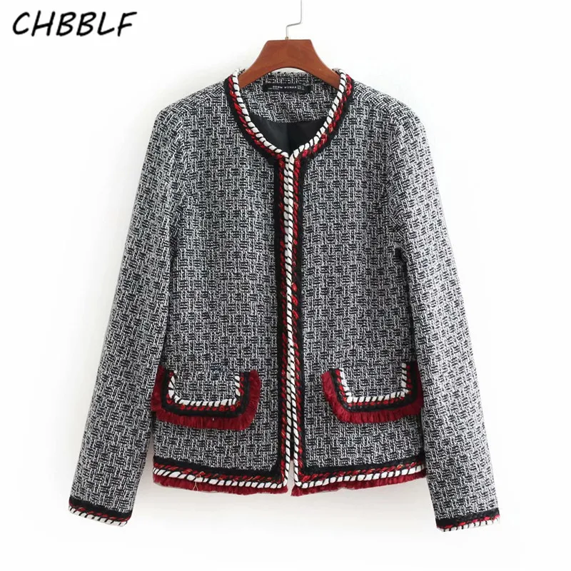 CHBBLF vintage tweed клетчатая куртка пальто кисточкой карманы украсить Длинные рукава