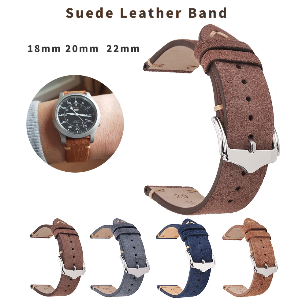BEAFIRY Genuine Leather Watch Band 18mm 19mm 20mm 22mm Dark brown Dark blue Light brown Grey Suede  Leather Watch straps