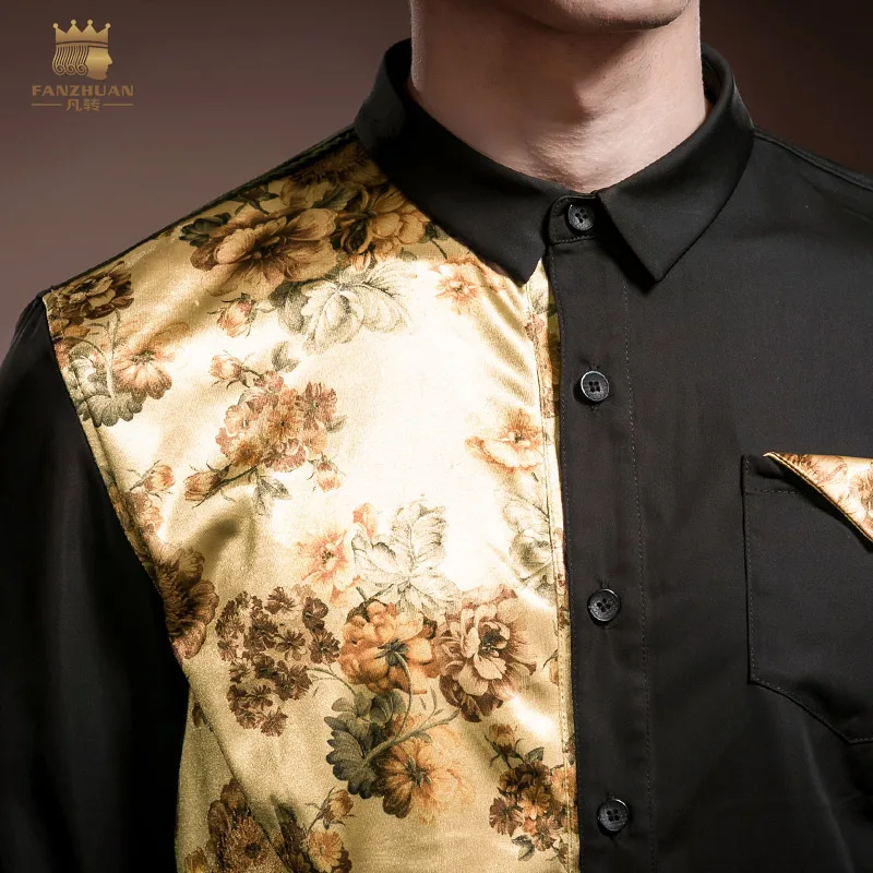 FANZHUAN Men's Shirt Long Sleeve Slim Stretch Autumn Palace Wind Stitching Print Dress Clothing | Мужская одежда