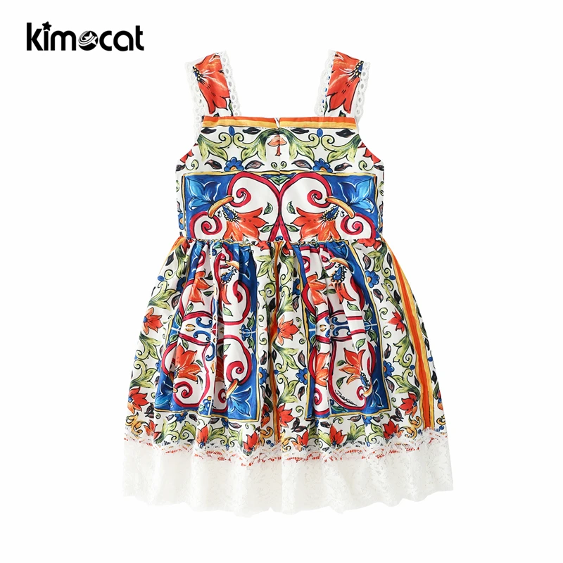 Kimocat/Одежда для маленьких девочек летнее милое кружевное платье с принтом и