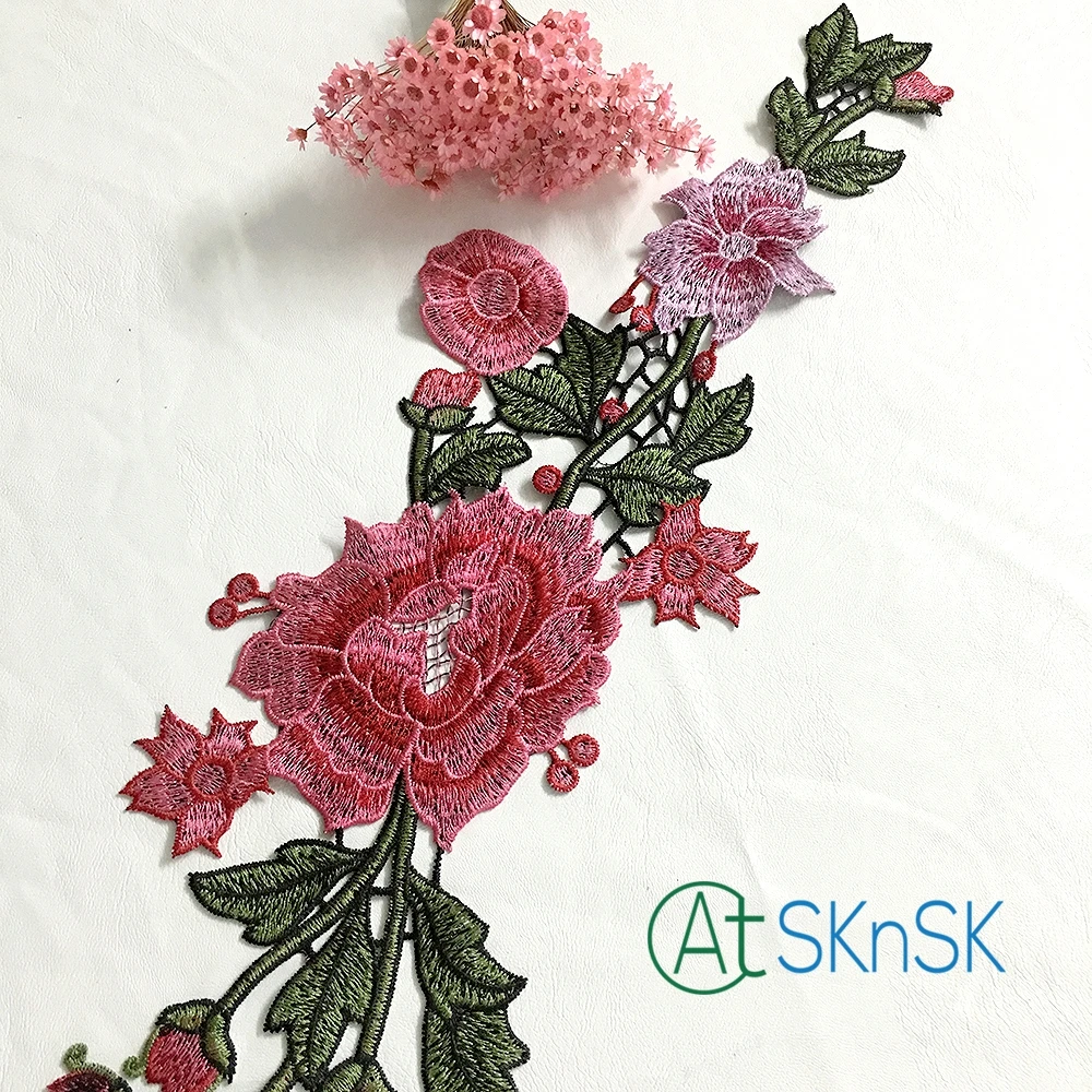 

100pcs/lot 45*14cm chinese style red flower green leaves patches Bridal Embroidery Lace patch Sewing Lace Applique DHL shipping