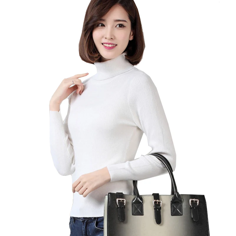 Slim fit cashmere rib jumpers for women winter thick high neck sweaters ladies black white red grey khaki turtleneck knitwear | Женская