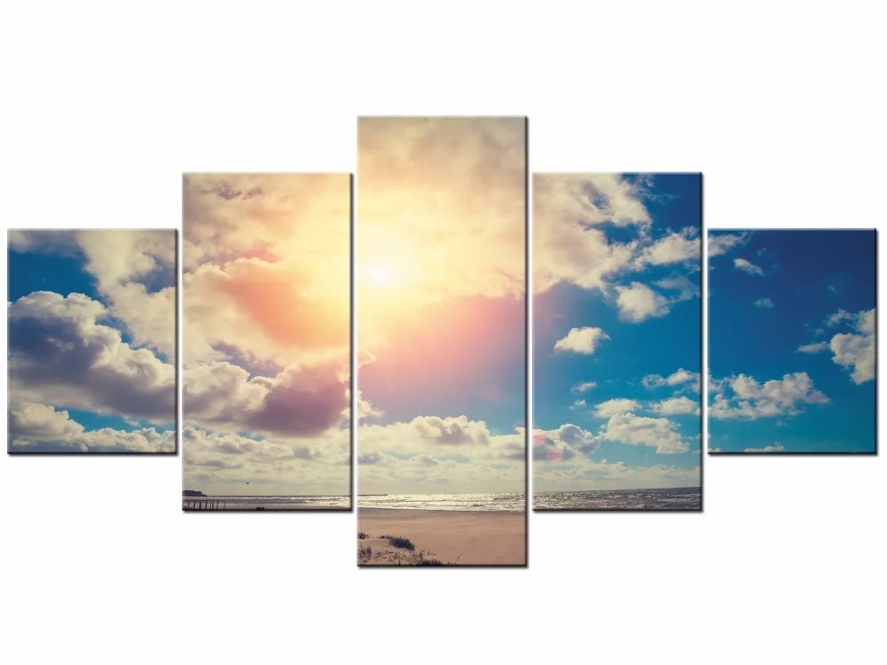 

5 Pieces Home Decor Painting Framed Canvas Wall Art Cloud Sunset Sea Scenery Art For Living Room Bedroom Framed J009-048