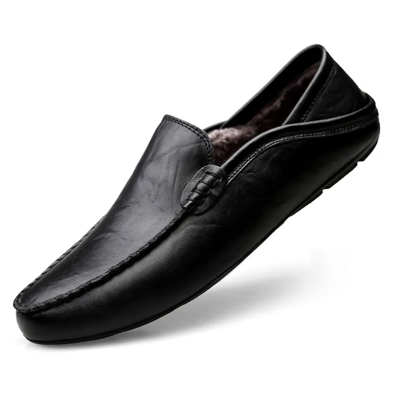 QASDUO winter Slip-on light casual shoes loafers men moccasins genuine leather men's flats black Plus sizes 46 | Обувь