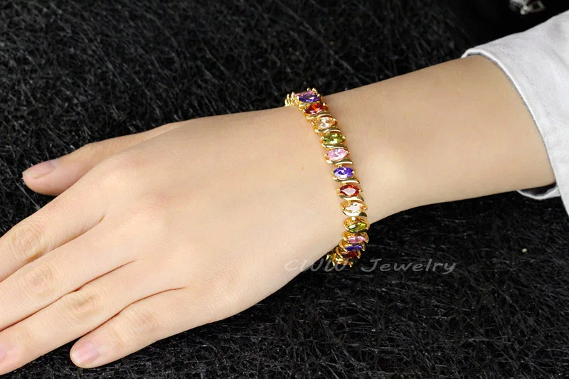 CWWZircons Top Quality Oval Shape Crystals Paved Yellow Gold Color Women Tennis Bracelets With Multi Colored Zircon Stone CB168|tennis