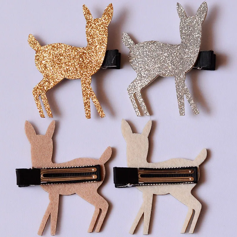 Lovely Reindeer Hairpins Glitter Felt ponies Gold Silver Hair clip barrettes Princess Headwear Fashion accessories for girl | Детская