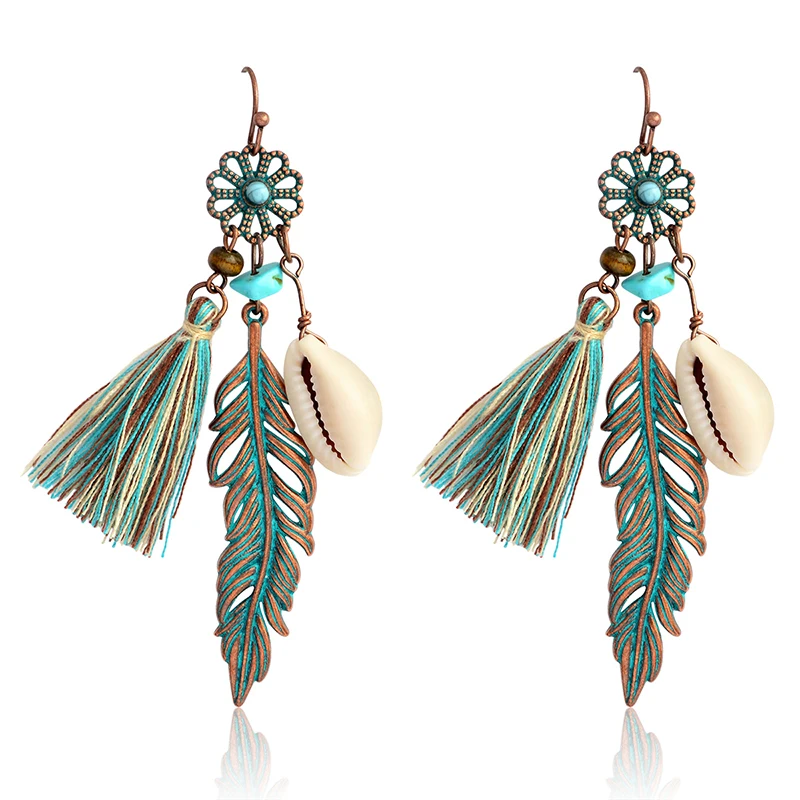 

Bohemia Plant Charm Drop Earrings for Women Green Leaves Flower Tassels Shell Beads Dangle Earrings Fashion Eardrop Ear Jewelry